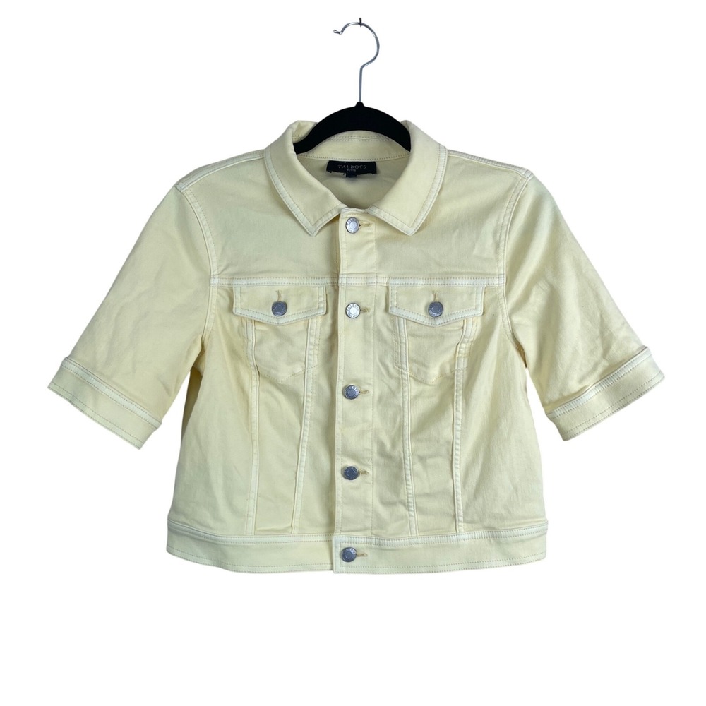 Talbots‎ Petite Small Yellow Short Sleeve Denim Jacket Cropped Trucker Button Up